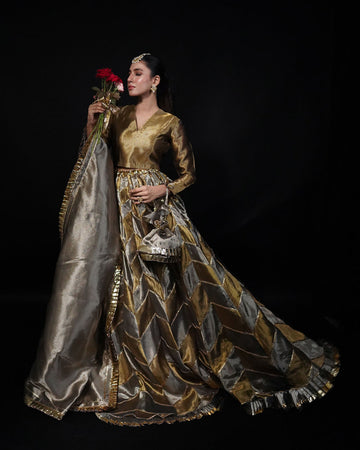 Bronze 3-Piece Patchwork Tissue Lehenga – Zayna For Women